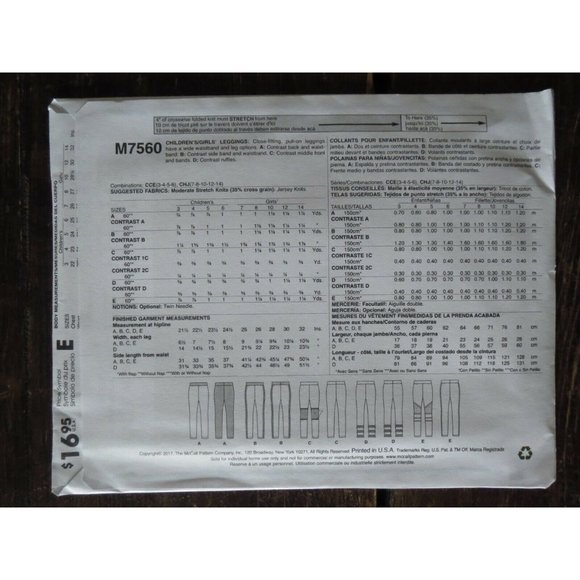 New McCalls M7560 Girls Leggings Pattern Size 3-6 - Picture 4 of 12